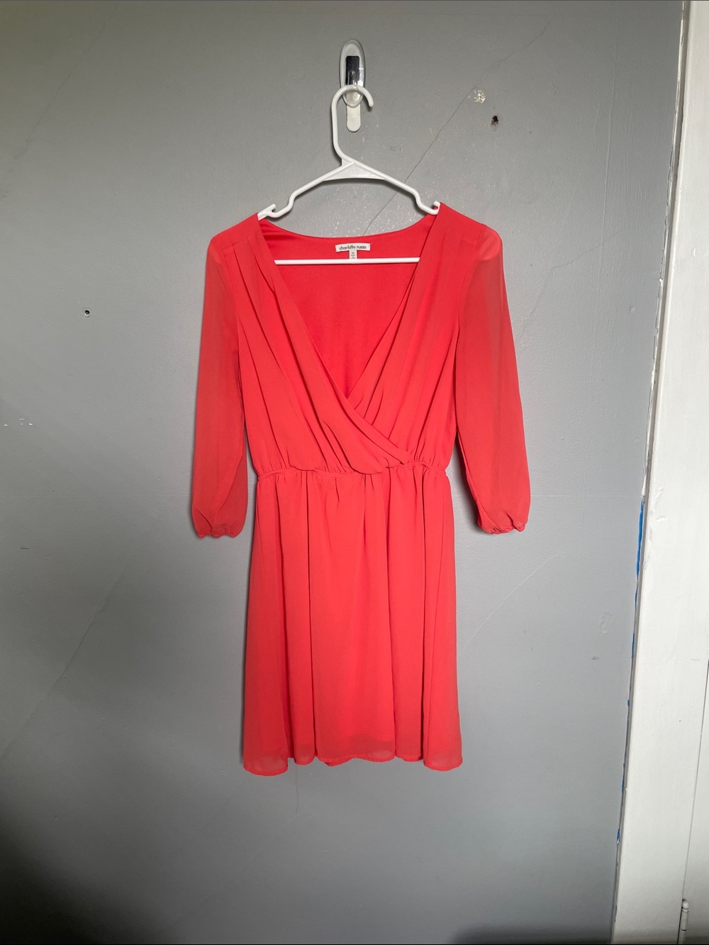 Charlotte Russe M coral faux wrap sheer sleeve mini dress garden wedding